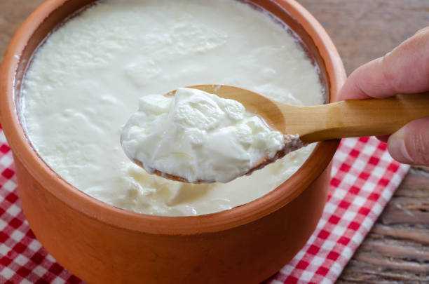 Traditional Turkish Yogurt in earthen pot on the wooden table.