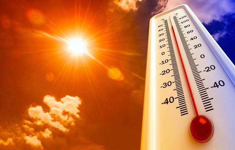 Heat, thermometer shows the temperature is hot in the sky, Summer