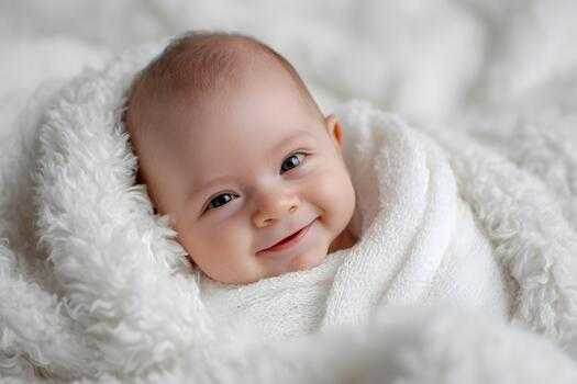 smiling-baby-wrapped-in-soft-white-blanket-looking-at-the-camera-photo