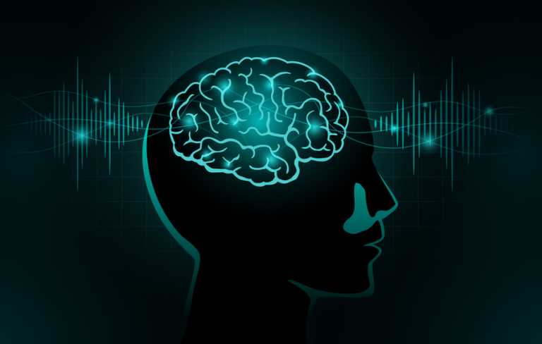 Particles move into human brain. Concept Illustration about Brain wave and Frequency.
