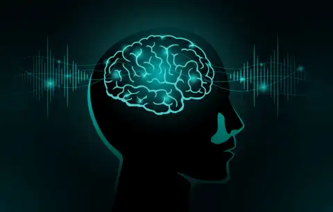 Particles move into human brain. Concept Illustration about Brain wave and Frequency.