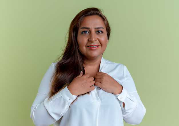 pleased-casual-caucasian-middle-aged-woman-putting-hands-shirt-collar_141793-80822