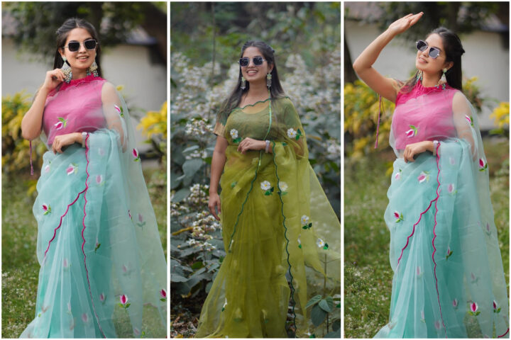 প্লেইন শাড়িতে আনুন ঝলমলে লুক